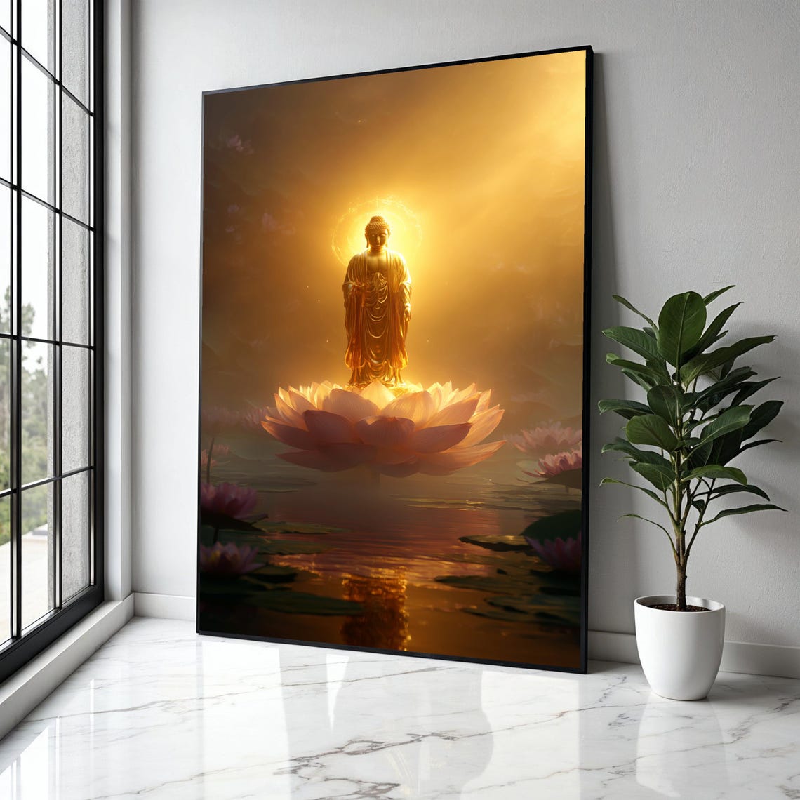 Illuminated Buddha Statue, Spiritual Meditation Art Print