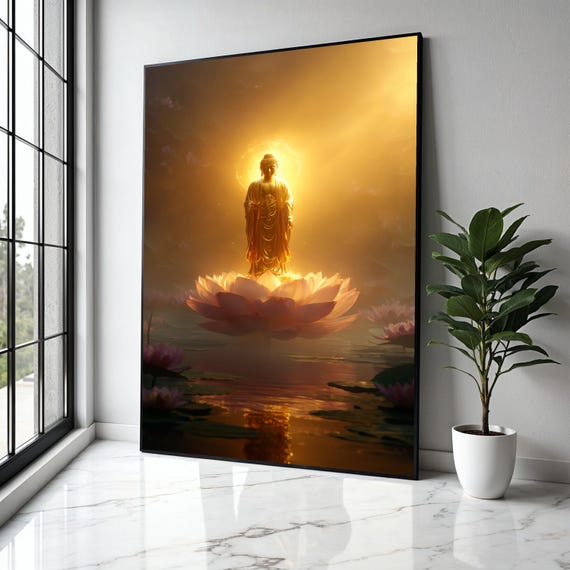 Illuminated Buddha Statue, Spiritual Meditation Art Print