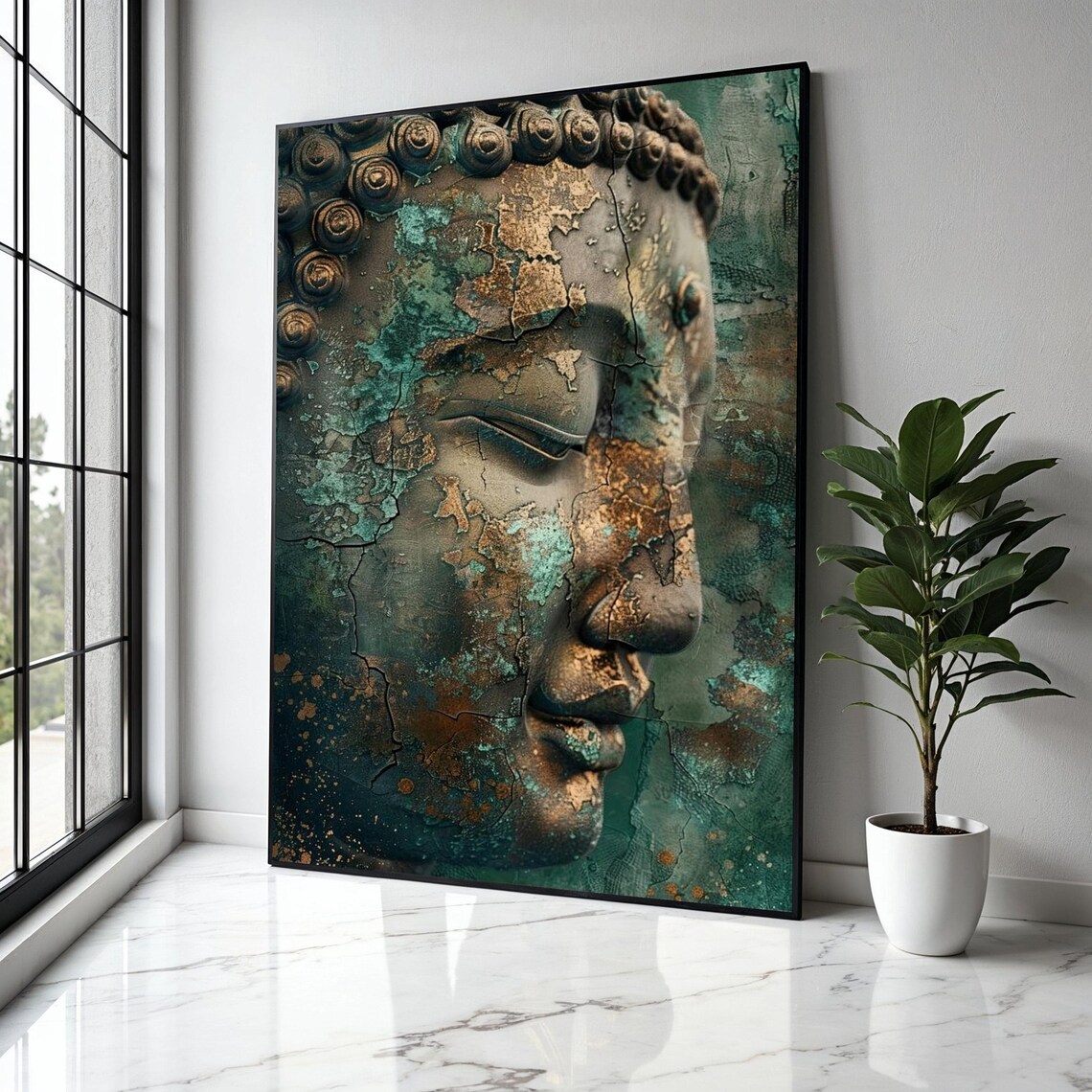 Weathered Buddha Face With Bronze Patina Cracks Vintage Zen Detail Poster
