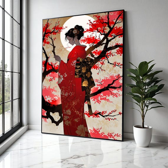 Elegant Geisha Silhouette Canvas Red Kimono Wall Art Cherry Blossom Tree Japanese Culture Decor Full Gift Home Print