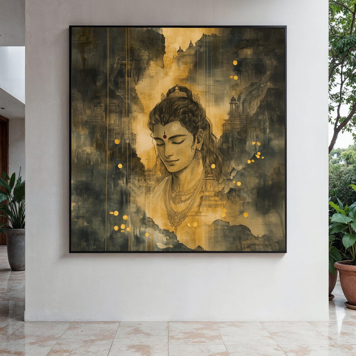 Serene Young Deity Portrait Golden Temple Cityscape Art Poster