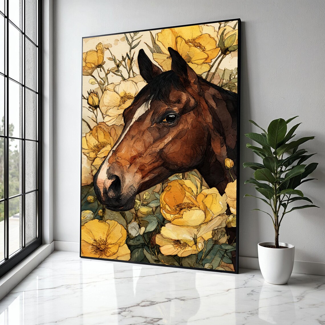 Horse Among Yellow Poppies Watercolor Floral Wildlife Art Poster
