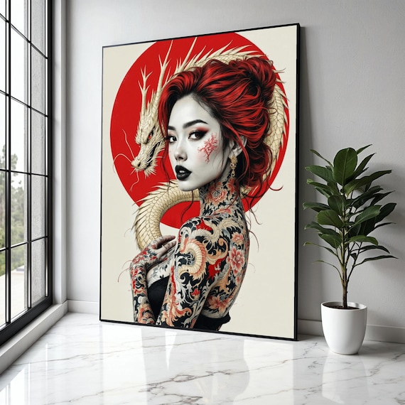 Japanese Dragon Tattoo Woman Canvas Red Hair Portrait Wall Art Asian Inspired Body Modern Japon Gift Home Decor Print