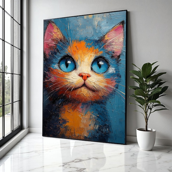 Blue Eyed Cat Impasto Painting Vibrant Orange Blue Feline Poster