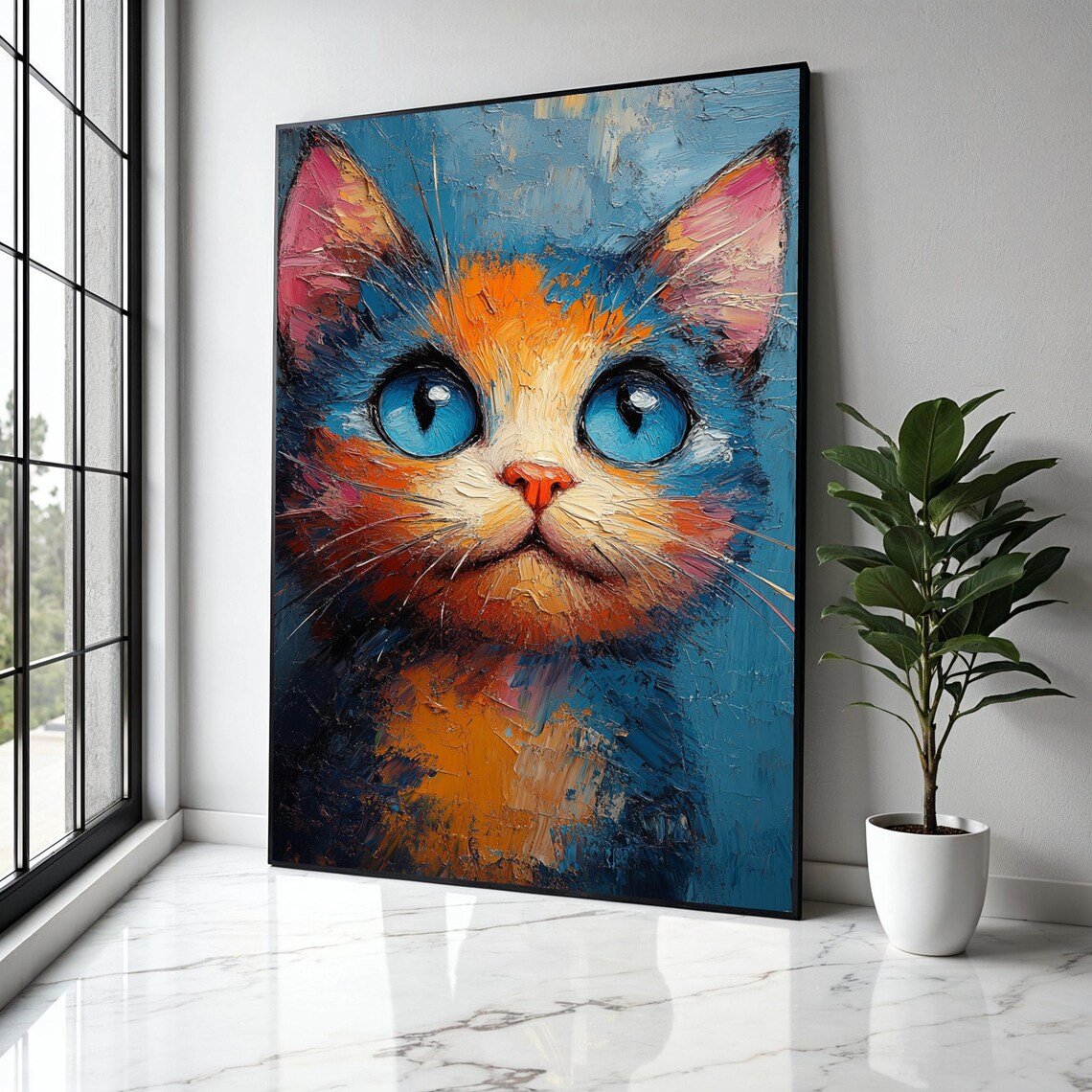 Blue Eyed Cat Impasto Painting Vibrant Orange Blue Feline Poster