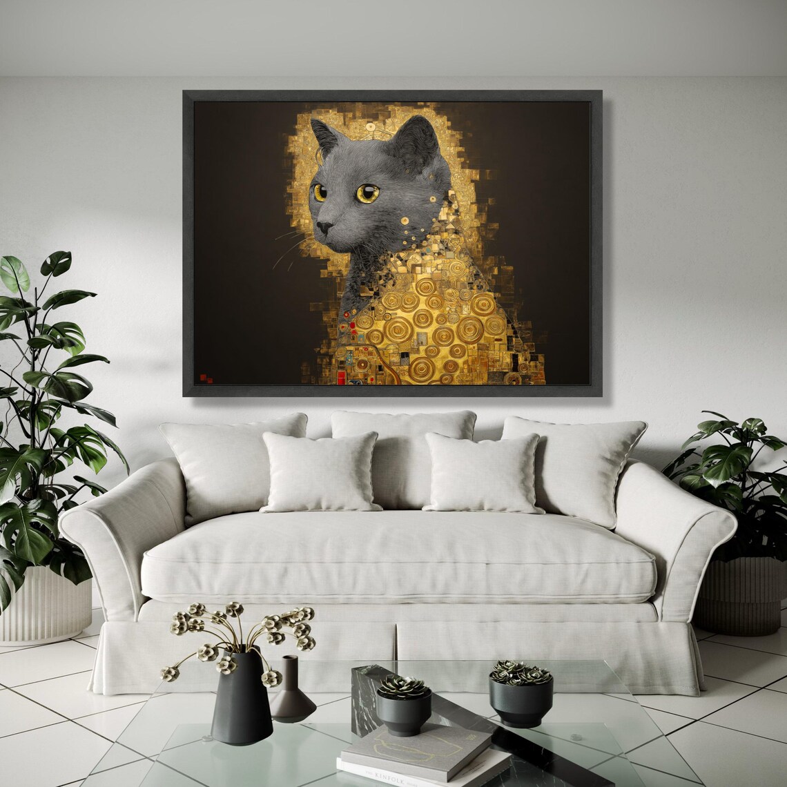 Golden Mosaic Cat Portrait Klimt Style Yellow Eyes Art Poster