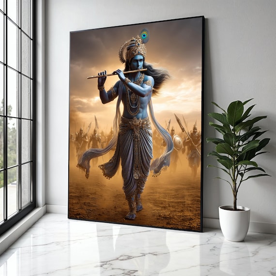 Divine Krishna Playing Flute, Mythological Art Print