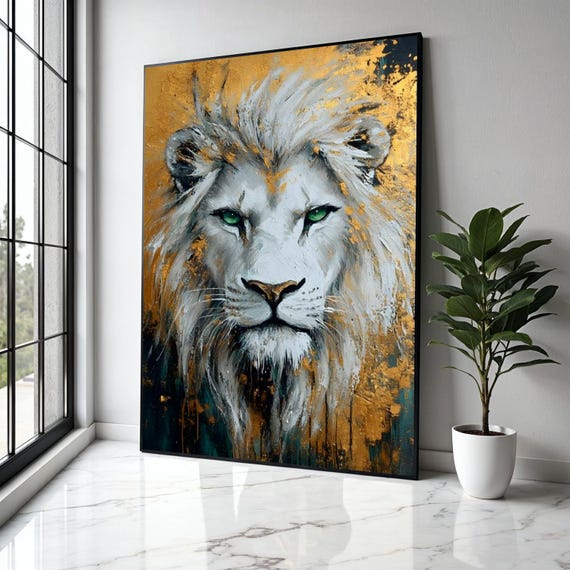 White Lion Wildlife Art Print, Gold Accent Portrait