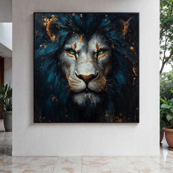 Majestic Lion Face Canvas Wall Art Abstract Wildlife Painting Blue And Gold Animal Portrait Bold Home Decor Gift Print