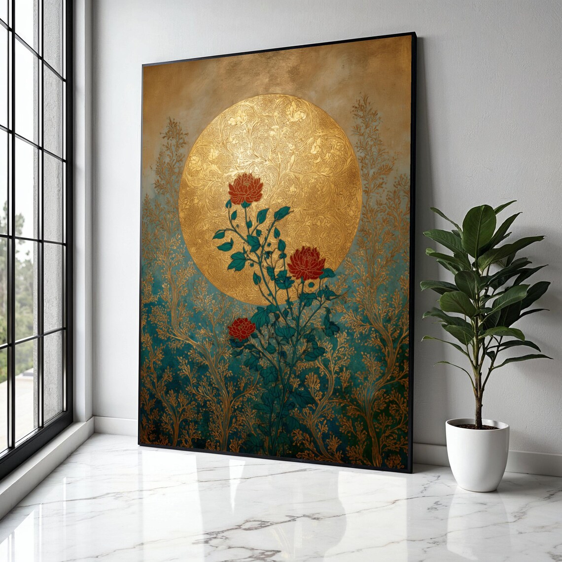 Golden Full Moon Red Peonies Teal Botanical Garden Art Poster