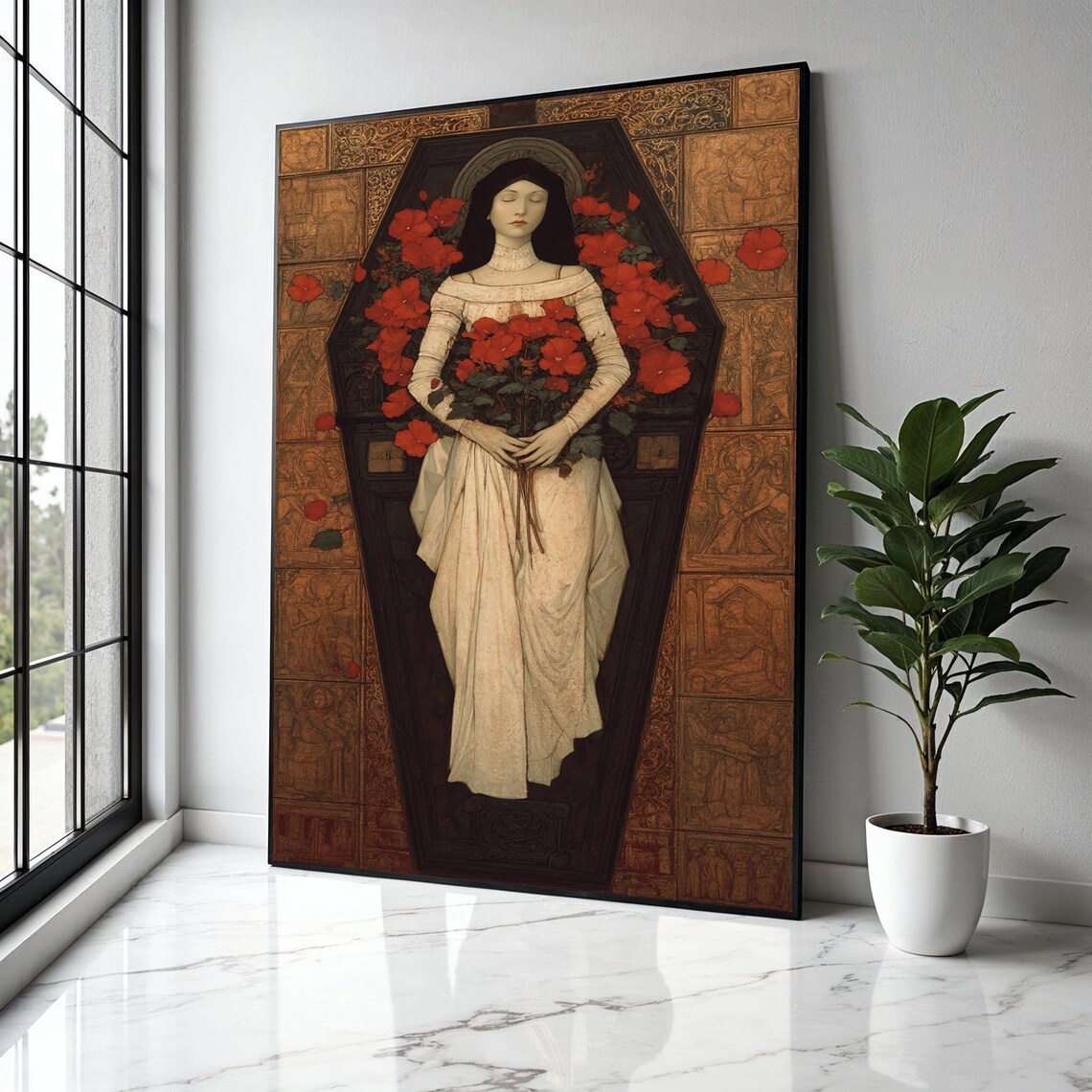 Woman in Coffin With Red Poppies Symbolist Dark Art Style Poster