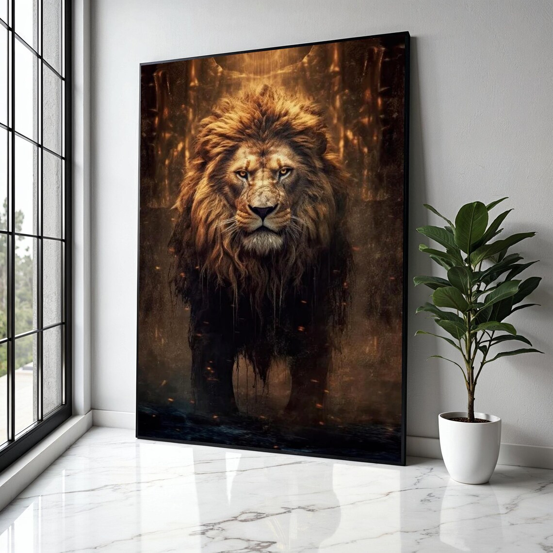 Majestic Lion Golden Mane Dark Portrait Wild King Art Poster