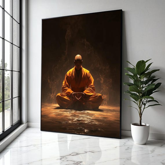 Meditative Monk In Orange Robe Spiritual Zen Canvas Peaceful Yoga Wall Art Mindfulness Decor Calming Gift Home Print