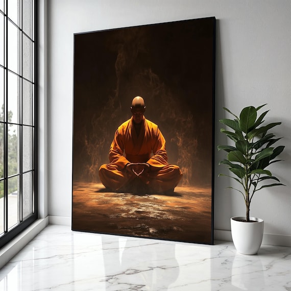 Monk Meditating in Dark Room Smoke Dramatic Light Photo Poster