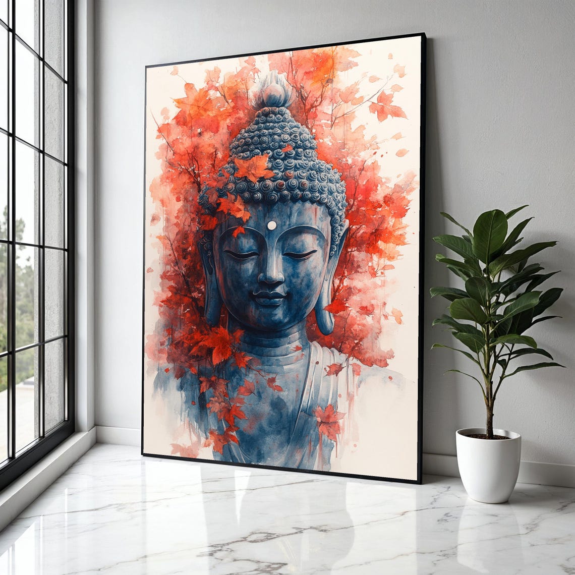 Buddha Face Red Maple Leaves Watercolor Zen Meditation Poster