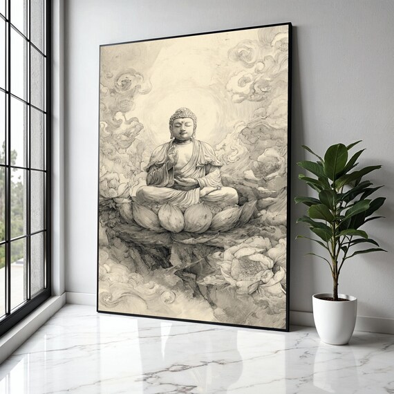 Buddha Lotus Clouds Sepia Ink Sketch Drawing Spiritual Poster