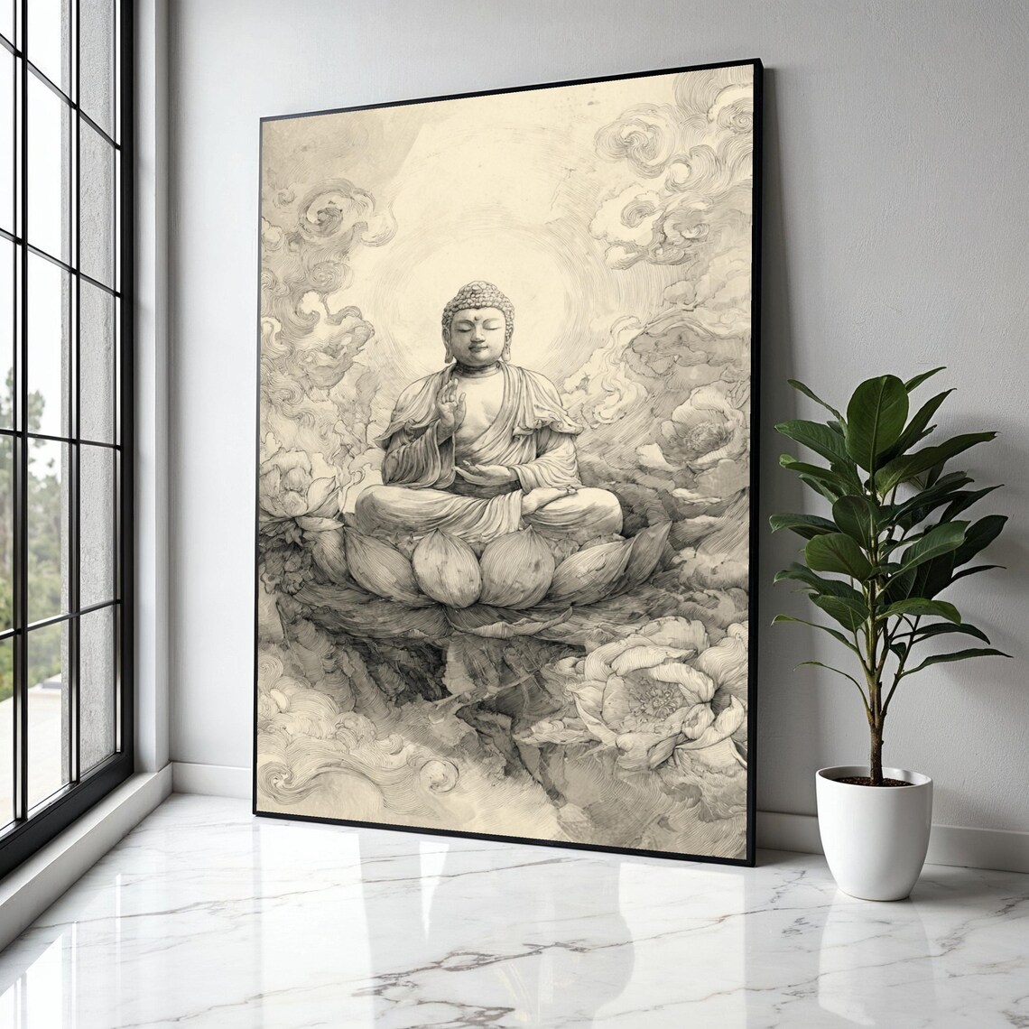 Buddha Lotus Clouds Sepia Ink Sketch Drawing Spiritual Poster