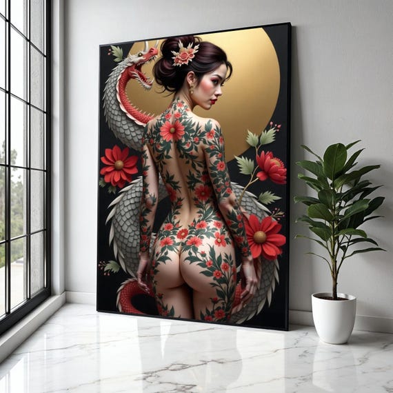 Japanese Floral Tattoo Art Print, Geisha Dragon