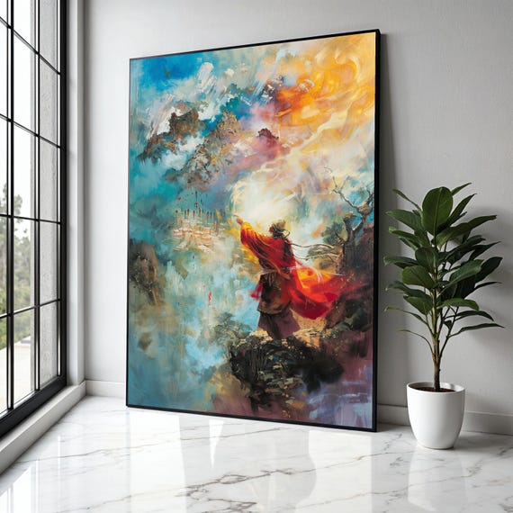 Mystical Mountain Sage Canvas Spiritual Abstract Wall Art Vibrant Red Robe Figure Fantasy Landscape Gift Home Decor Print