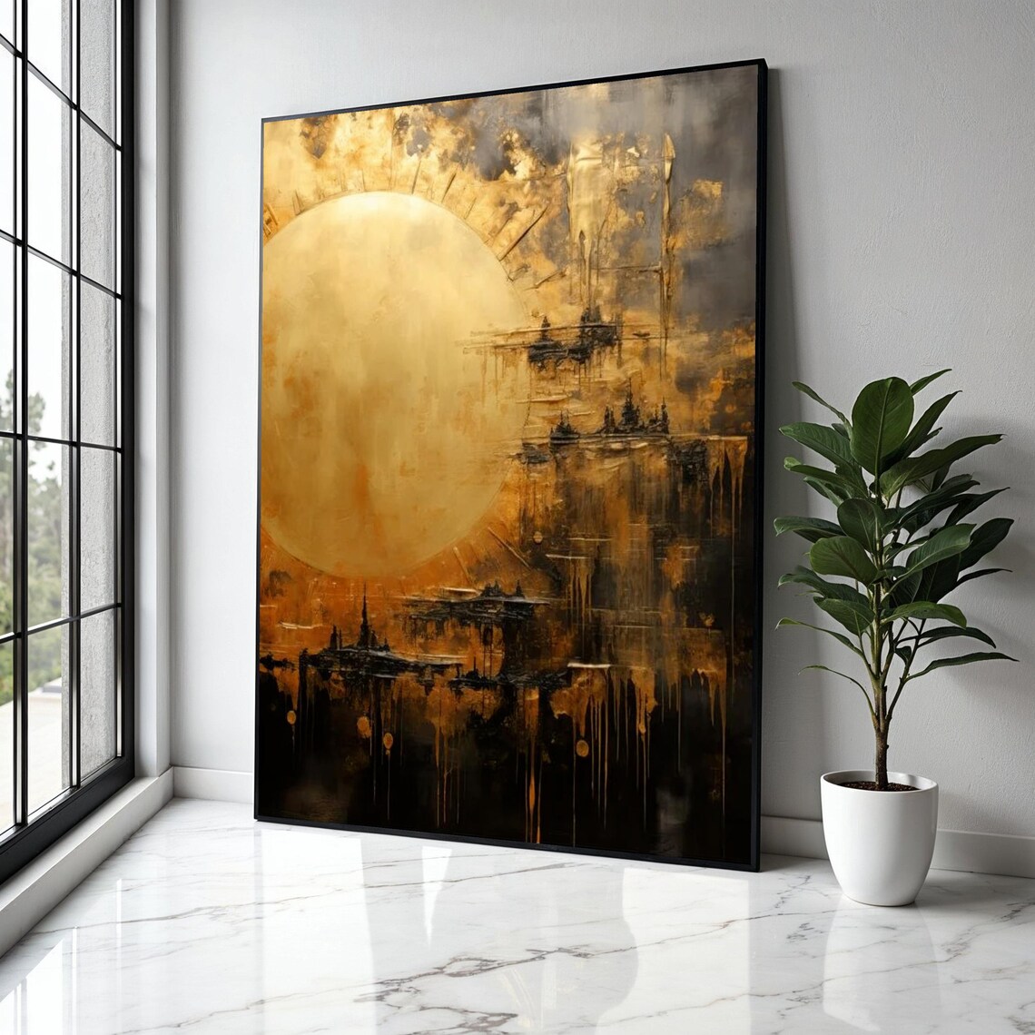 Golden Sun Disc Dark City Abstract Gold Black Textured Poster