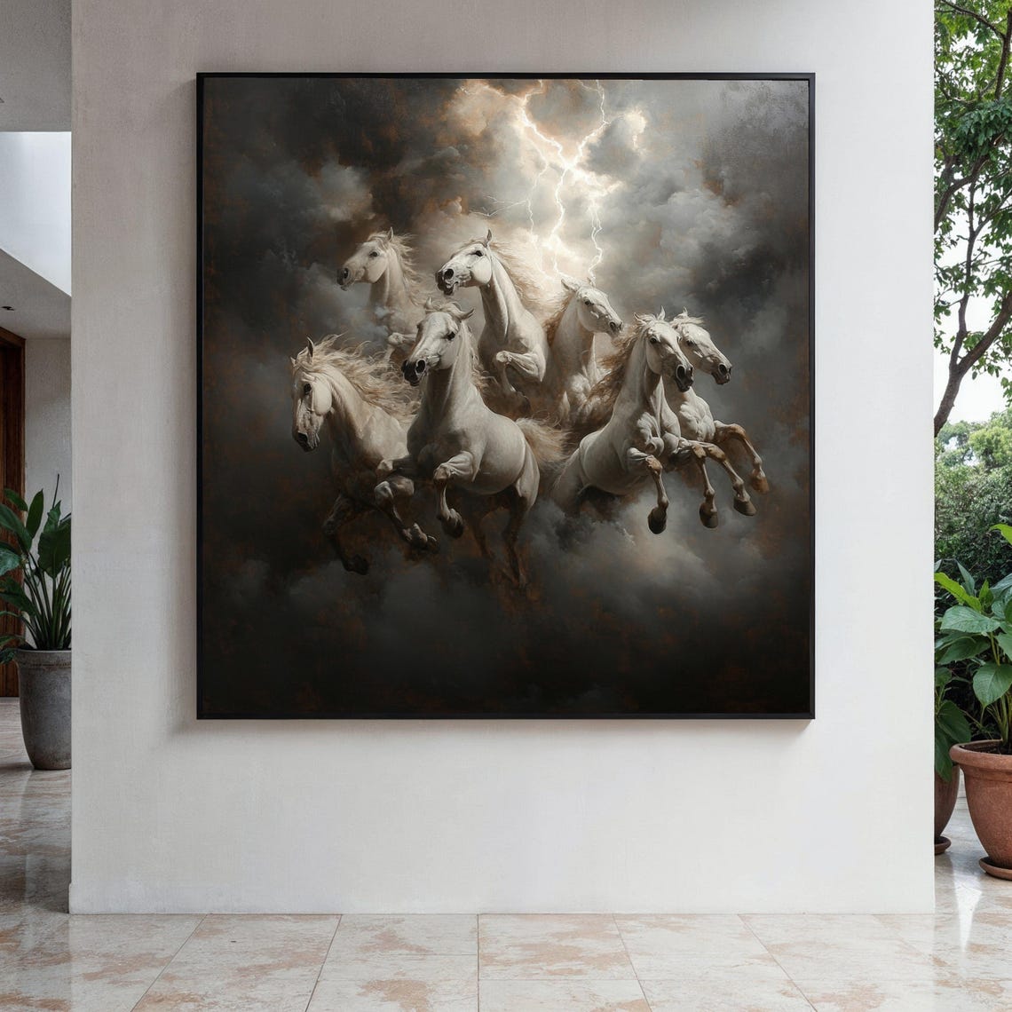 Seven White Horses Galloping Through Storm Clouds Lightning Poster