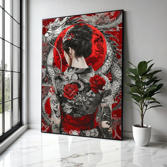 Elegant Asian Woman With Dragon And Floral Kimono Canvas Red Black Japanese Art Oriental Tattoo Wall Gift Home Decor Print