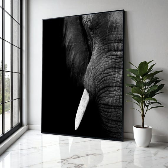 Majestic Elephant Closeup Canvas Wall Art Black And White Wildlife Portrait Animal Decor Safari Gift Home Print
