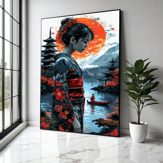 Elegant Japanese Geisha Canvas Wall Art Red Sun Landscape Traditional Kimono Illustration Asian Culture Gift Home Decor Print