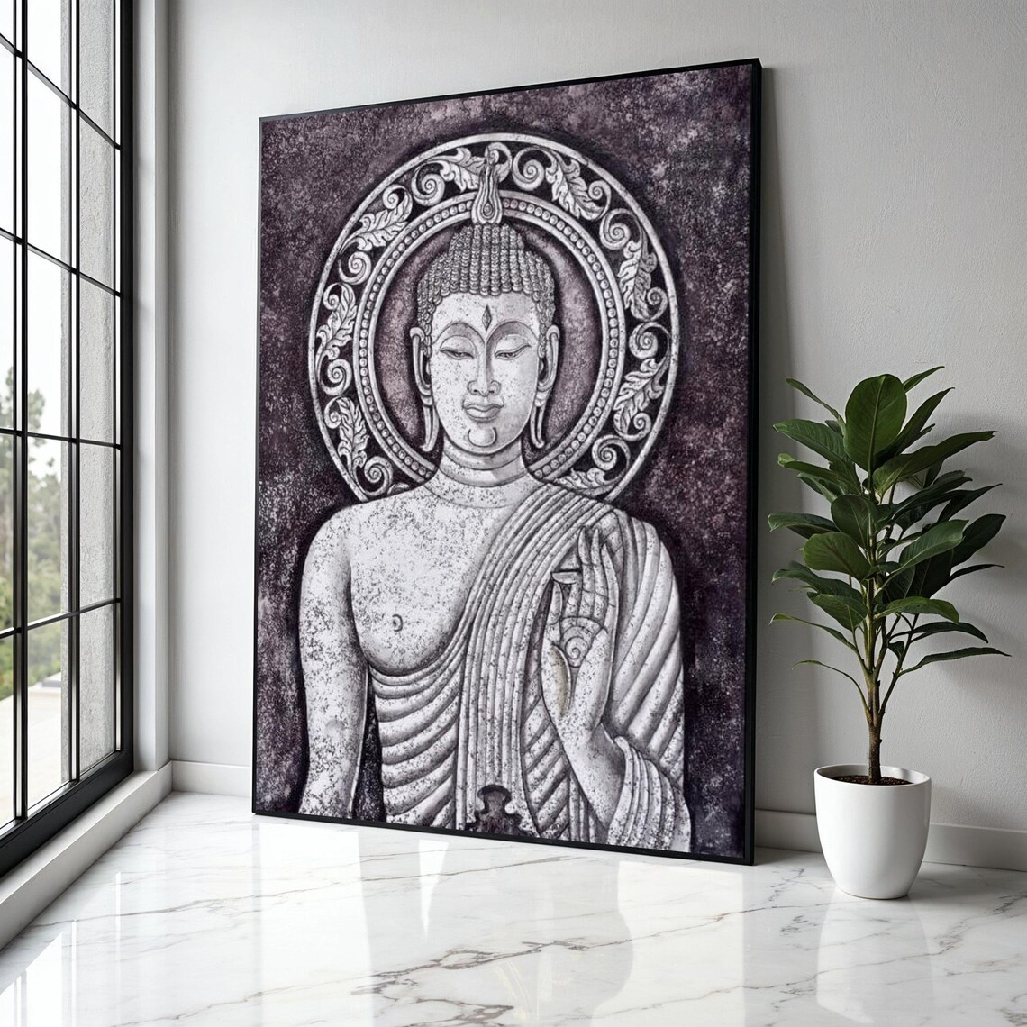 Silver Stone Buddha Carved Halo Blessing Hand Zen Meditation Spiritual Poster
