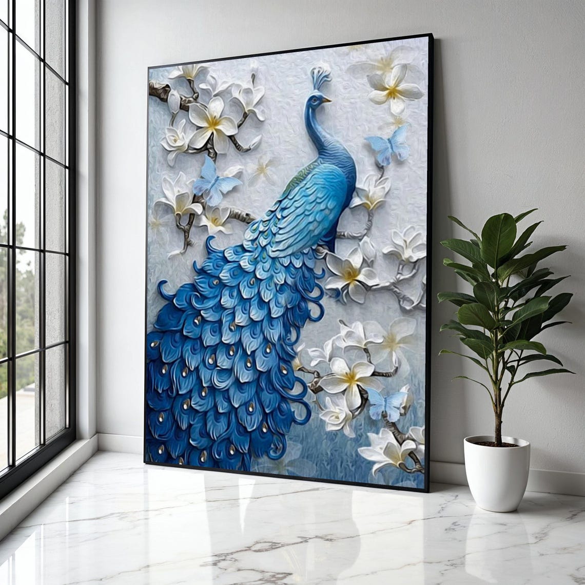 Blue Peacock White Frangipani Flowers 3D Relief Style Poster