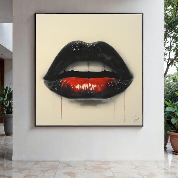 Bold Black And Red Lips Canvas Glossy Lip Art Print Modern Sensual Wall Decoration Glamorous Mouth Gift Home Decor