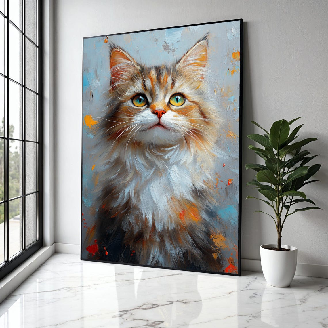 Fluffy Longhair Cat Green Eyes Impressionist Feline Portrait Poster