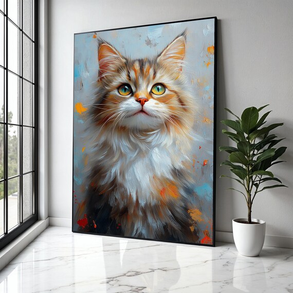 Fluffy Longhair Cat Green Eyes Impressionist Feline Portrait Poster