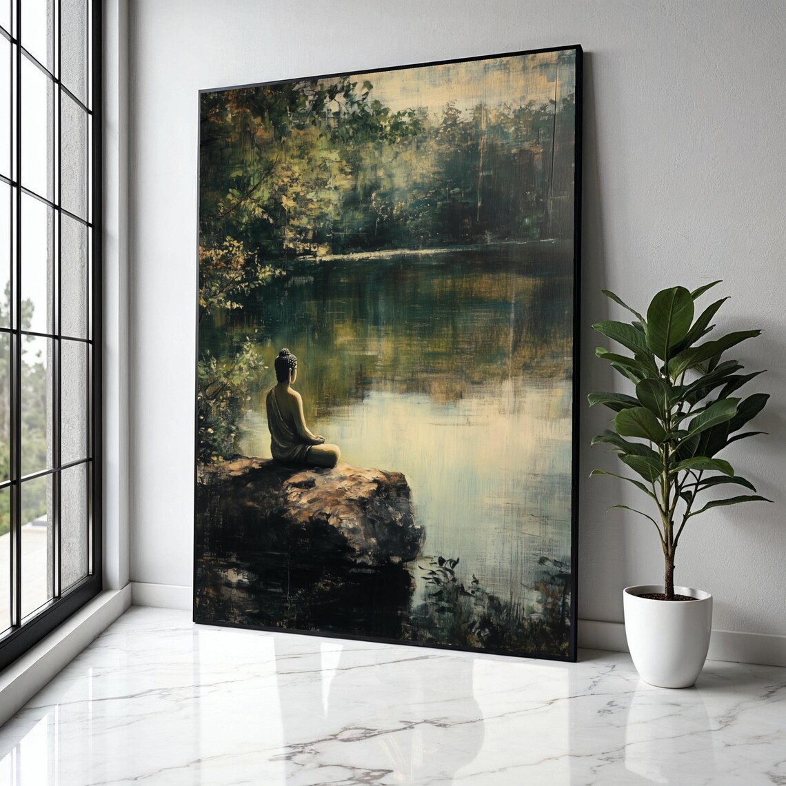 Buddha Still Lake Reflection Impressionist Calm Zen Meditation Art Poster