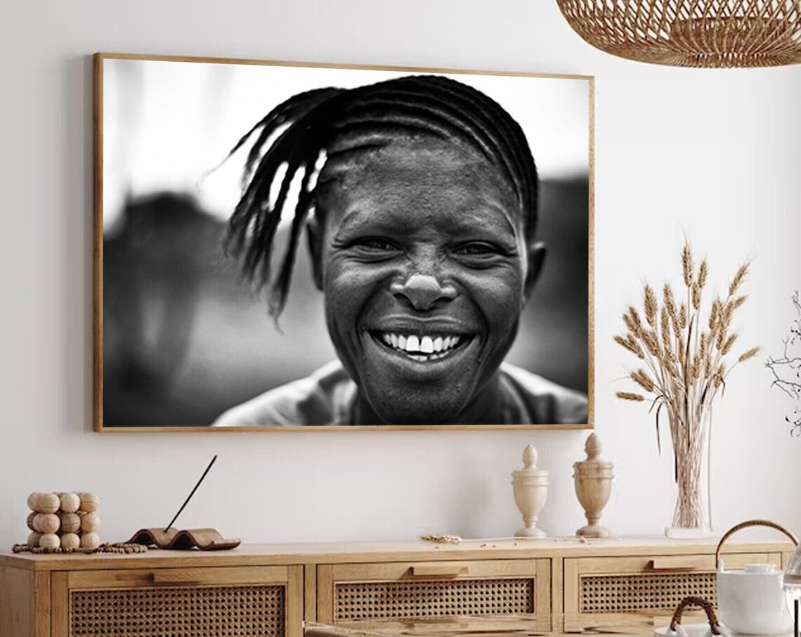 Joyful African Woman Portrait Black And White Photography Print