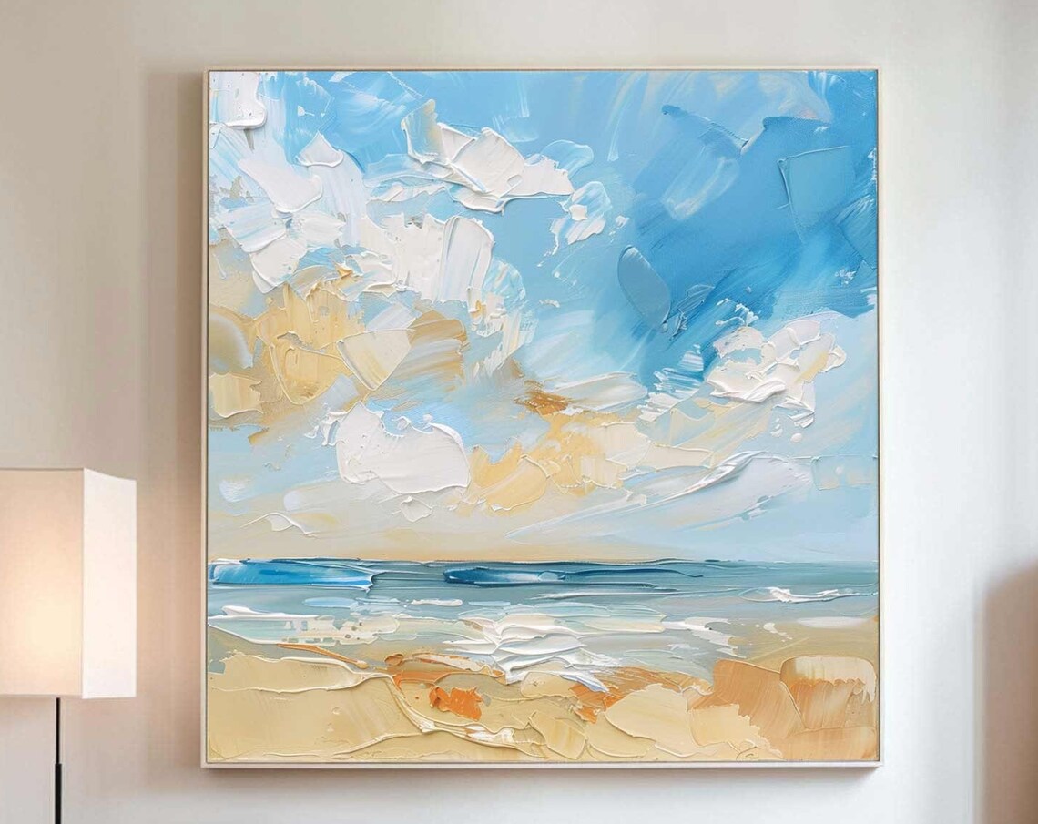 Abstract Beach Painting Blue Cloudy Sky Beige Sand Coastal Wall Art