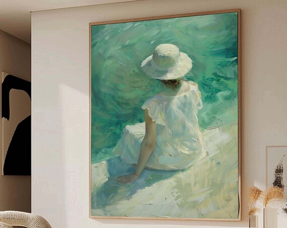 Woman White Hat Emerald Water Figure Painting Green Impressionist Wall Art
