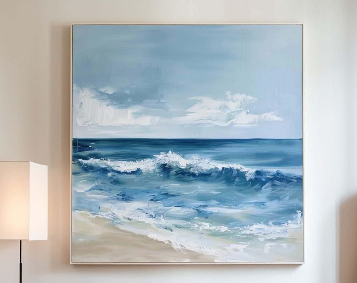 Blue Ocean Waves Beach Painting Foamy Surf Coastal Abstract Wall Art