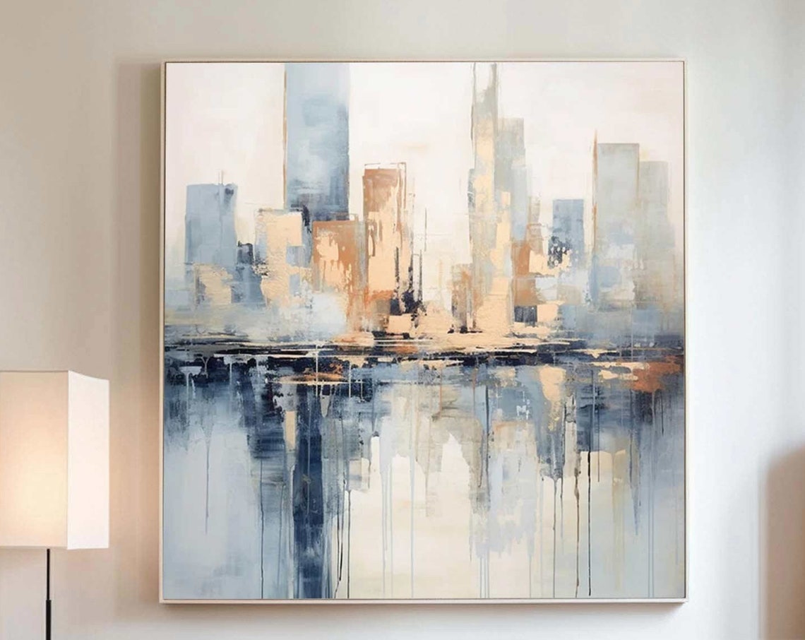 Blue Beige Abstract Cityscape Skyline Reflection Modern Art Poster
