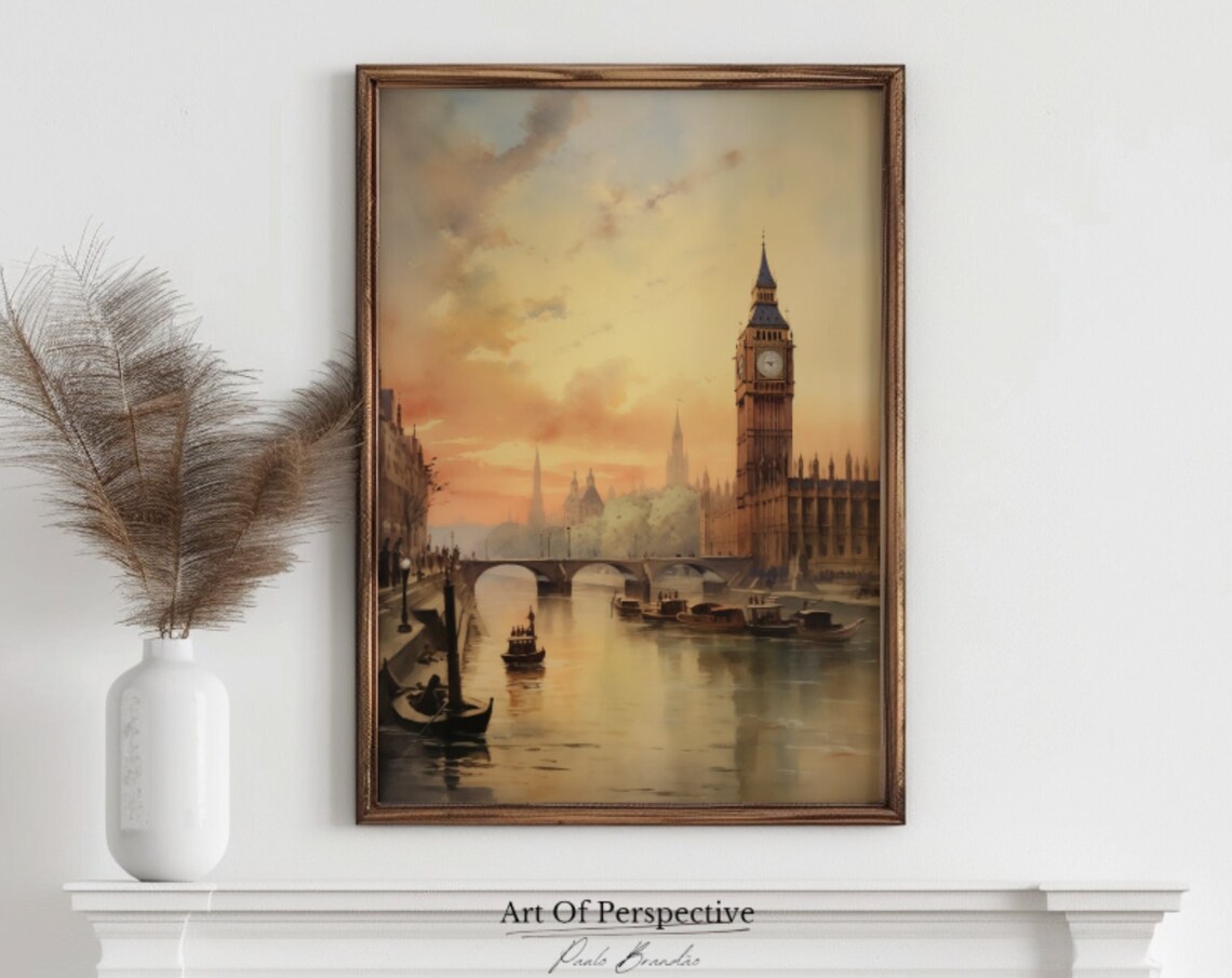 Big Ben River Thames Sunset Vintage London Oil Style Art Poster