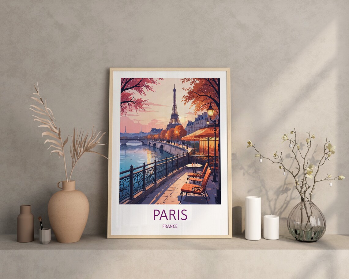 Paris France Eiffel Tower and Seine Riverside Cafe at Dusk Poster - Image 4