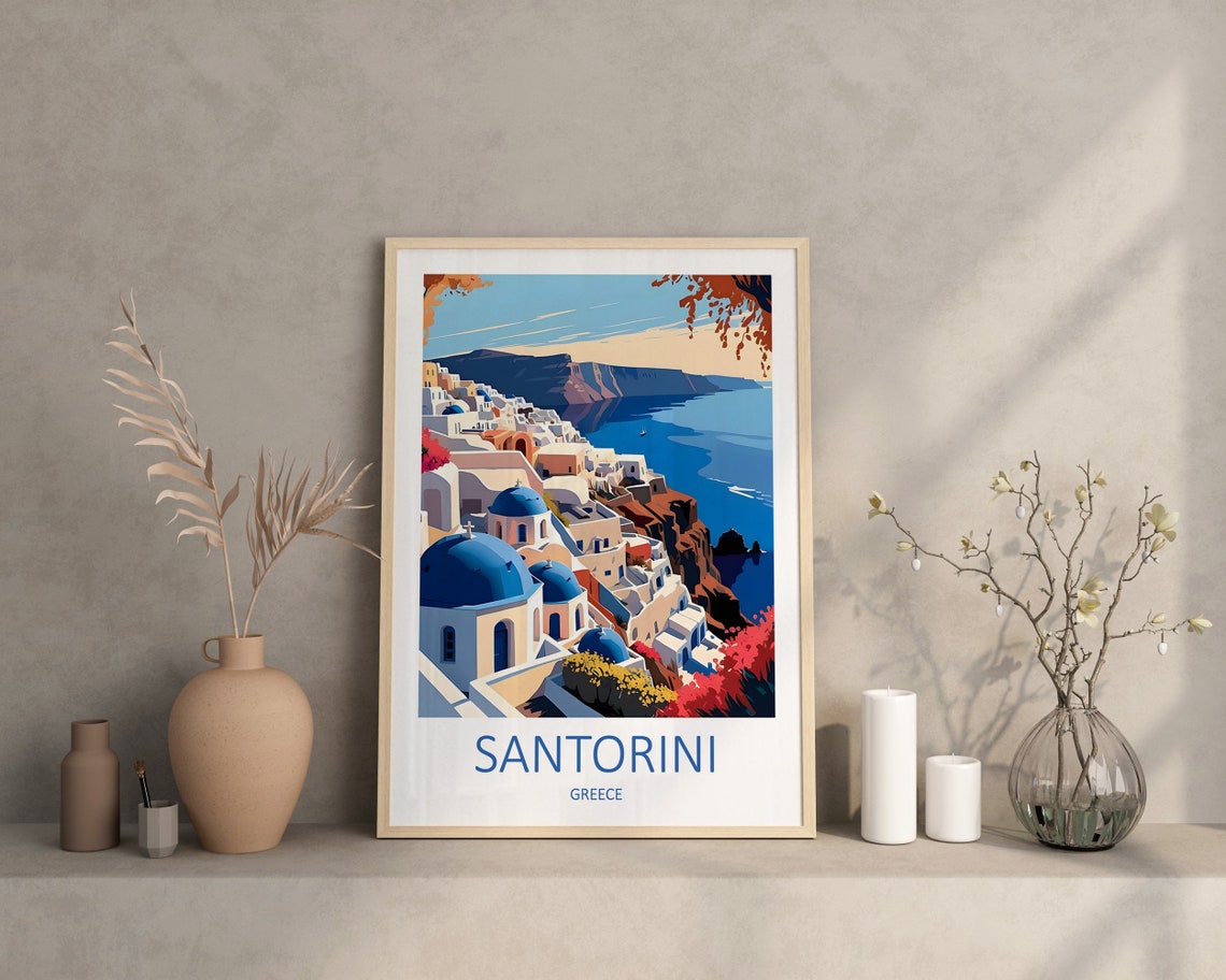 Santorini Greece Blue Domed Churches Over Caldera And Sea View Poster - Image 4