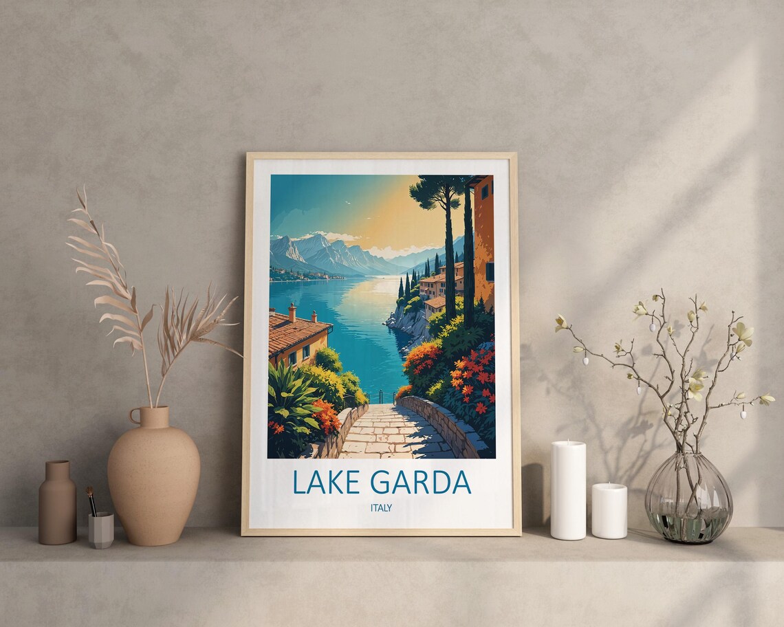 Lake Garda Italy Cypress Steps Lakeside Village Terrace Poster - Image 3