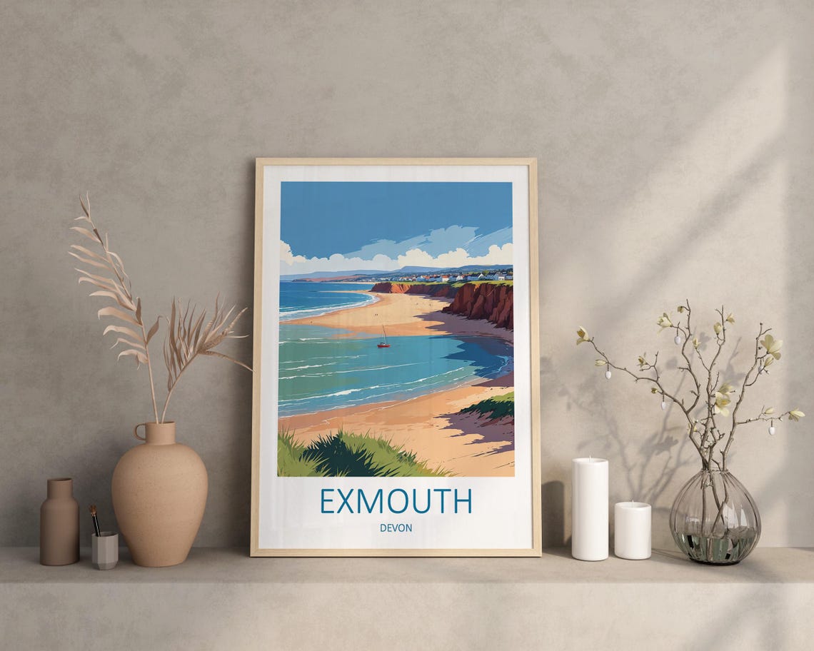 Exmouth Devon Sandy Beach Cove Red Cliffs and Sailboat Poster - Image 3
