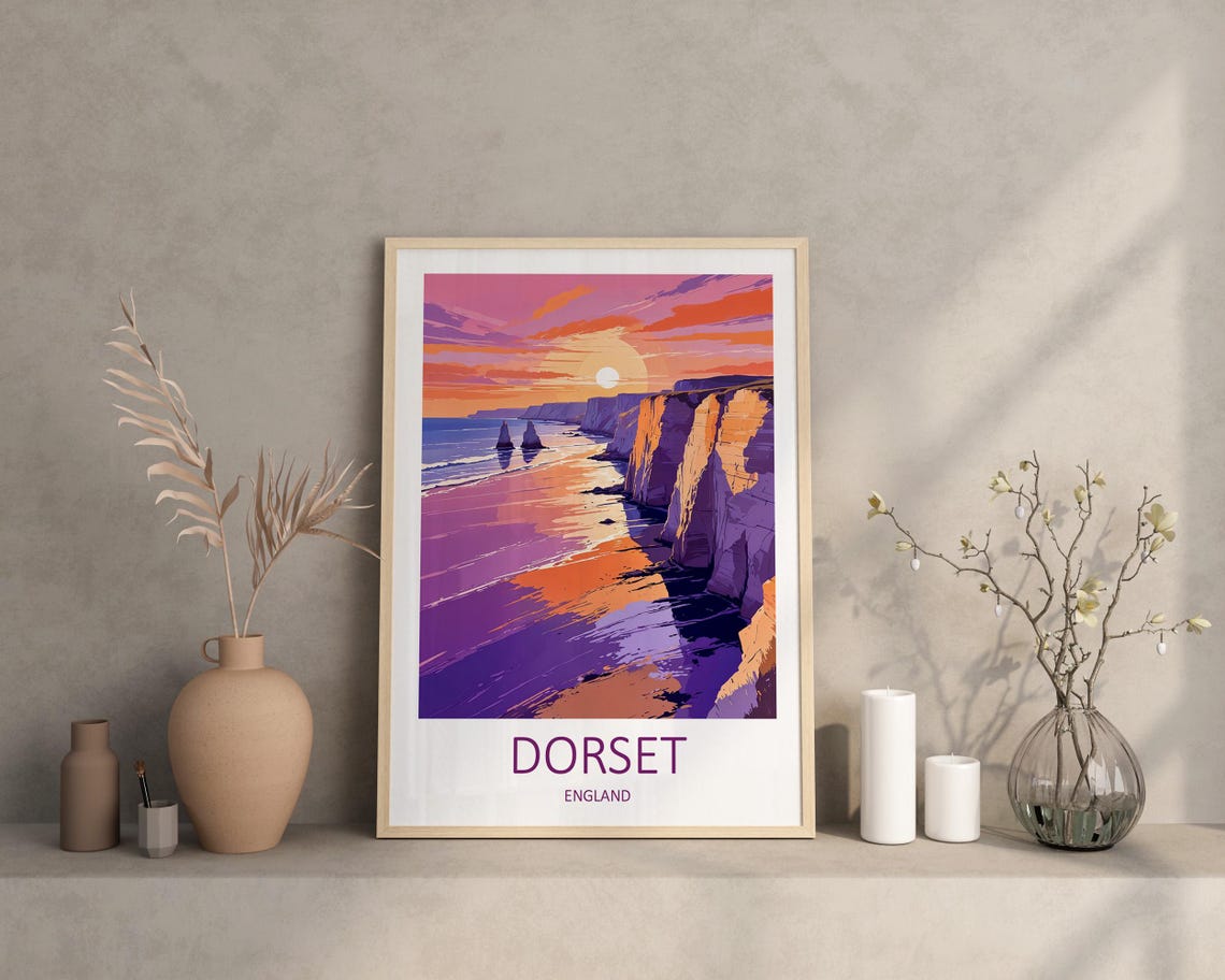Dorset England Sunset Glow Over White Cliffs and Quiet Beach Poster - Image 3