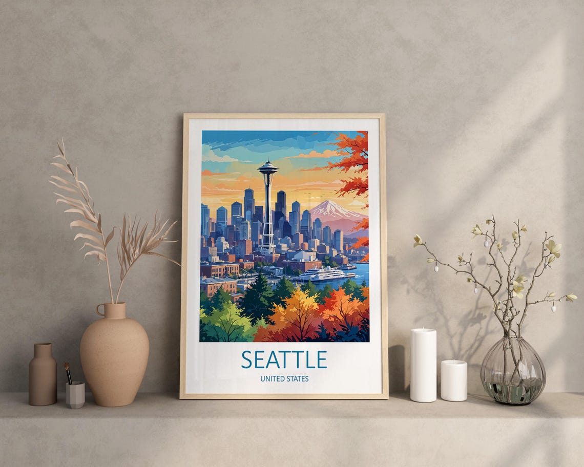 Seattle Washington Space Needle Skyline in Autumn Colors Poster - Image 3