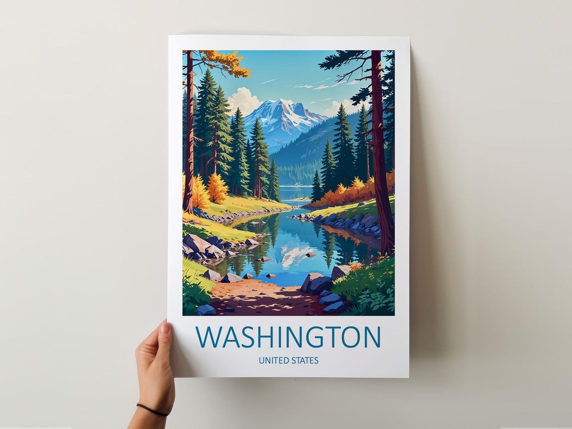 Washington United States Pine Forest Lake And Snowy Mountain Poster - Image 5