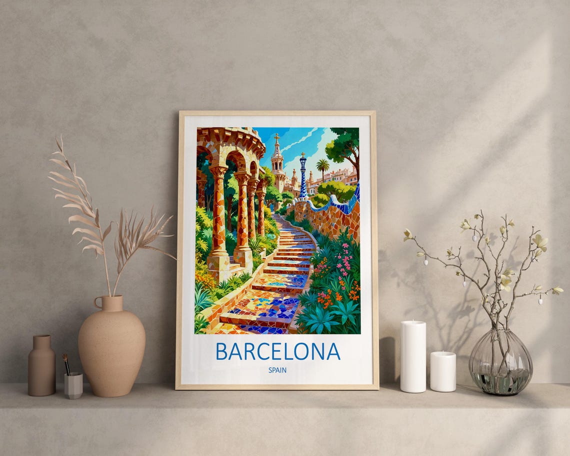 Barcelona Spain Park Guell Mosaic Stairs Gaudi Garden Art Poster - Image 2