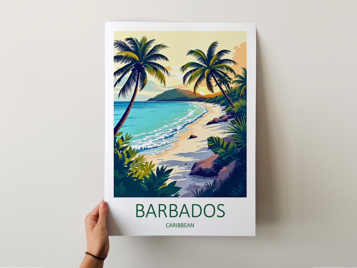 Barbados Caribbean Beach Sunset Palm Sailboat Paradise Shore Poster - Image 5