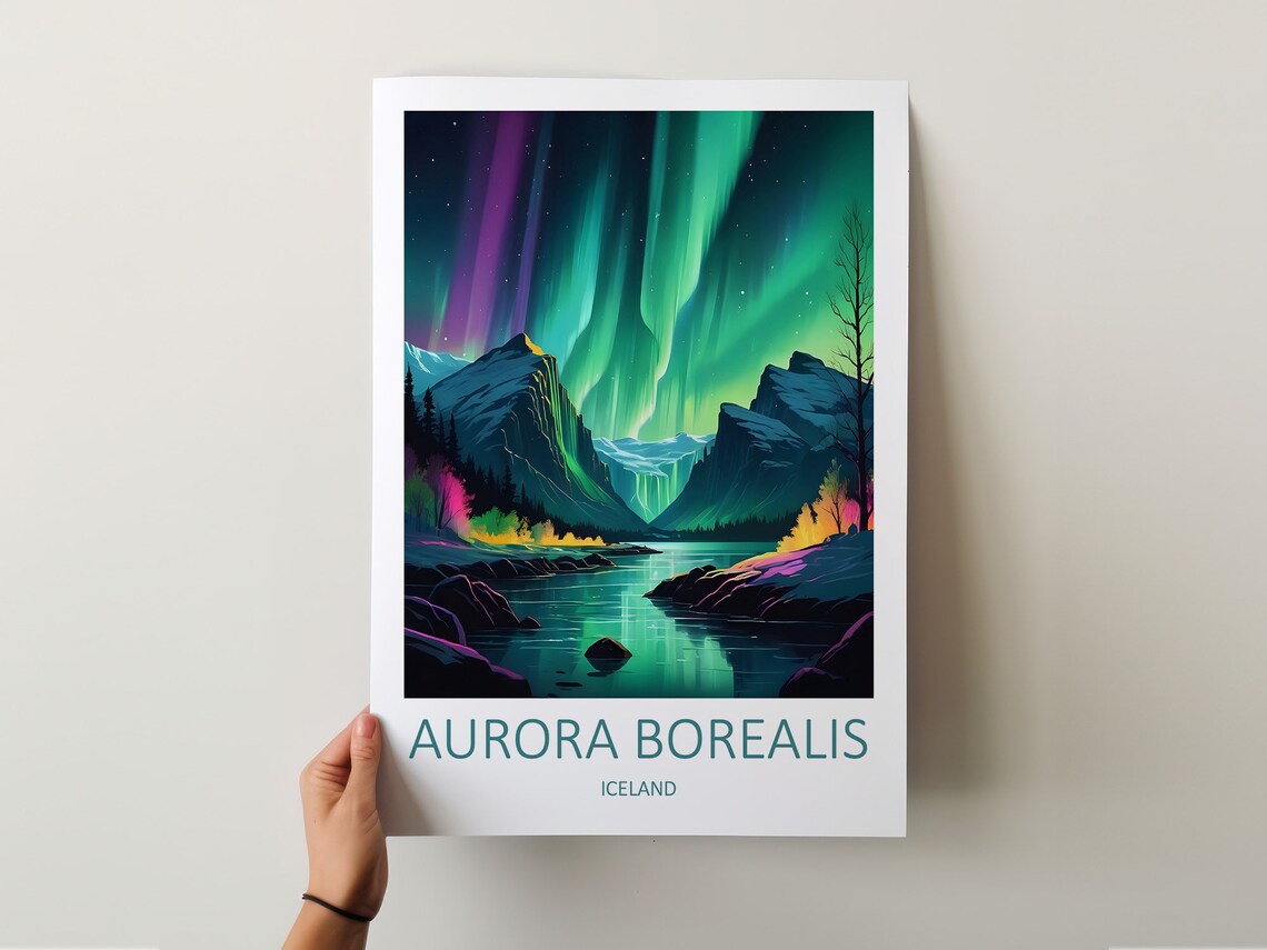 Aurora Borealis Iceland Night Mountain Lake Glow Travel Poster - Image 5